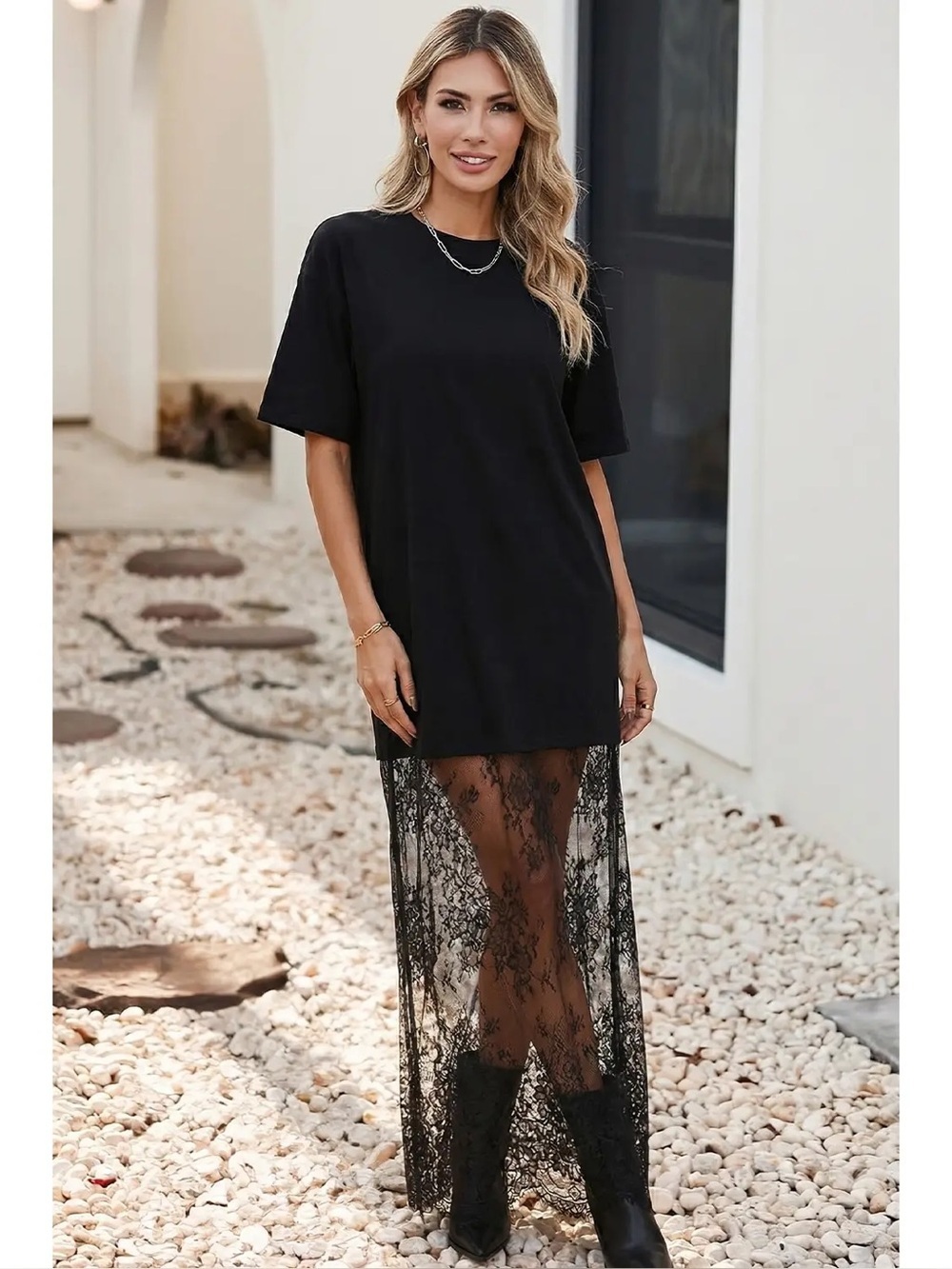 NWT Women's Black Lace Hem Tee Dress